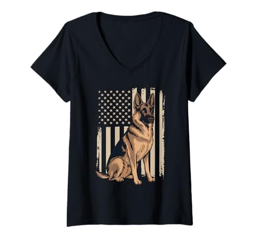 Damen Amerikanische Flagge Deutsche Schäferhund Tshirt T-Shirt mit V-Ausschnitt von Deutscher Schäferhund TShirt Men American Flag