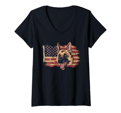 Damen Amerikanische Flagge Deutsche Schäferhund Tshirt T-Shirt mit V-Ausschnitt von Deutscher Schäferhund TShirt Men American Flag