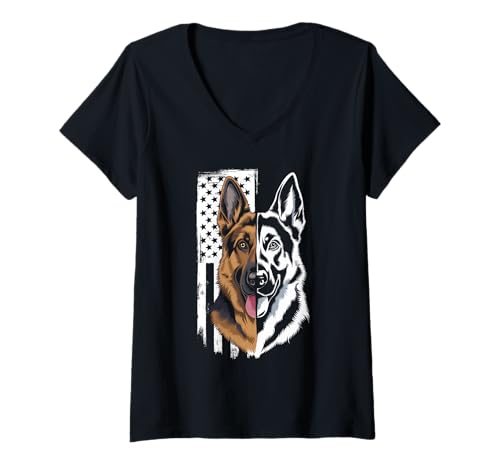 Damen Amerikanische Flagge Deutsche Schäferhund Tshirt T-Shirt mit V-Ausschnitt von Deutscher Schäferhund TShirt Men American Flag