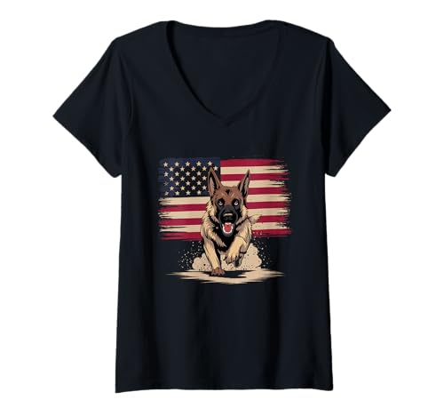 Damen Amerikanische Flagge Deutsche Schäferhund Tshirt T-Shirt mit V-Ausschnitt von Deutscher Schäferhund TShirt Men American Flag
