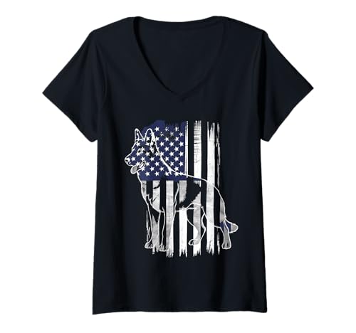 Damen Amerikanische Flagge Deutsche Schäferhund Tshirt T-Shirt mit V-Ausschnitt von Deutscher Schäferhund TShirt Men American Flag