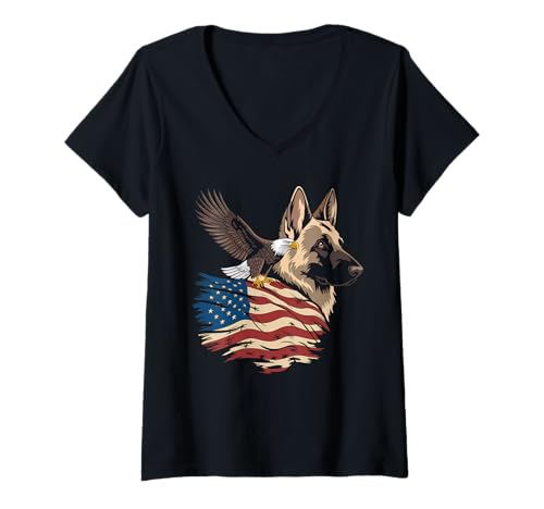 Damen Amerikanische Flagge Deutsche Schäferhund Tshirt T-Shirt mit V-Ausschnitt von Deutscher Schäferhund TShirt Men American Flag