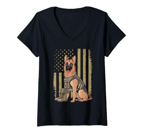 Damen Amerikanische Flagge Deutsche Schäferhund Tshirt T-Shirt mit V-Ausschnitt von Deutscher Schäferhund TShirt Men American Flag