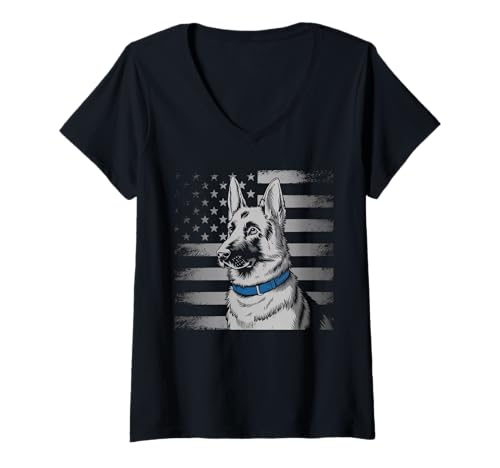 Damen Amerikanische Flagge Deutsche Schäferhund Tshirt T-Shirt mit V-Ausschnitt von Deutscher Schäferhund TShirt Men American Flag