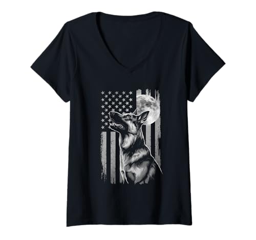Damen Amerikanische Flagge Deutsche Schäferhund Tshirt T-Shirt mit V-Ausschnitt von Deutscher Schäferhund TShirt Men American Flag