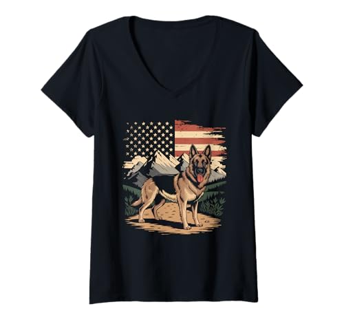 Damen Amerikanische Flagge Deutsche Schäferhund Tshirt T-Shirt mit V-Ausschnitt von Deutscher Schäferhund TShirt Men American Flag