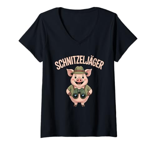 Damen Schnitzeljäger Schnitzel Schwein Lustig Witzig T-Shirt mit V-Ausschnitt von Deutsches Essen Humor Schwein Jäger Oktoberfest