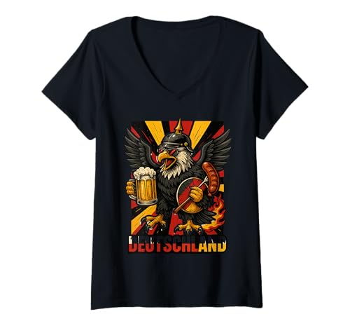 Damen Lustiger Deutscher Adler mit Bier, Bratwurst und Pickelhaube T-Shirt mit V-Ausschnitt von Deutschland Adler Bier & Bratwurst Designs