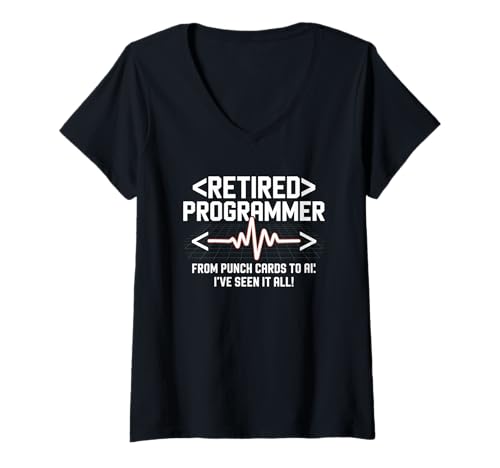 Damen Programmierer im Ruhestand | Funny AI Punch Card Tech Code Life T-Shirt mit V-Ausschnitt von Dev Joke Veteran Coder Engineer Logic Humor Geek