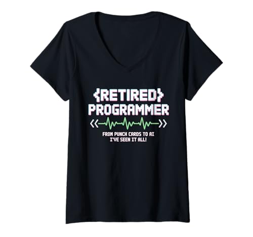 Damen Programmierer im Ruhestand | Funny AI Punch Card Tech Code Life T-Shirt mit V-Ausschnitt von Dev Joke Veteran Coder Engineer Logic Humor Geek