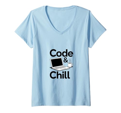 Damen Code & Chill Tech Life-Grafik T-Shirt mit V-Ausschnitt von Dev Vibes Apparel