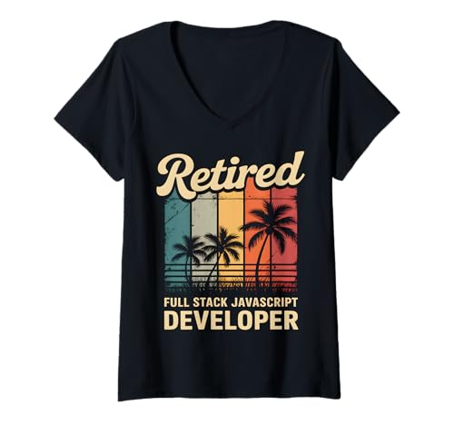 Damen Full Stack JavaScript-Entwickler im Ruhestand T-Shirt mit V-Ausschnitt von DevLife Sunset Threads