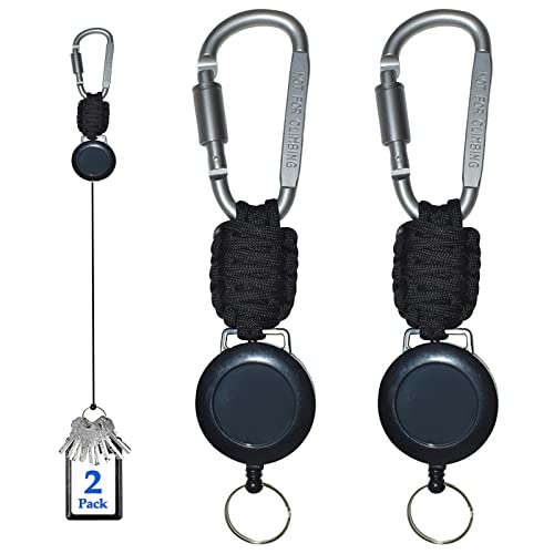 2 Stücke Einziehbarer Schlüsselanhänger, SchlüSselband Ausziehbar mit Multitool Karabiner, Heavy Duty Retractable Schlüsselrolle mit Paracord, SchlüSselrolle mit Stahldrahtschnur bis zu 75 cm, Schwarz von Devenirriche