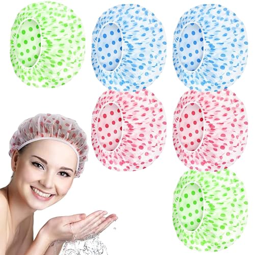 6 Stücke Duschhauben Damen, Elastische Duschhaube Wasserdichte Shower Cap Kunststoff Duschkappe für Mädchen Frauen Dusche Make-Up Spa Salon Reisen Hotel (Blau Grün Rosa) von Devenirriche