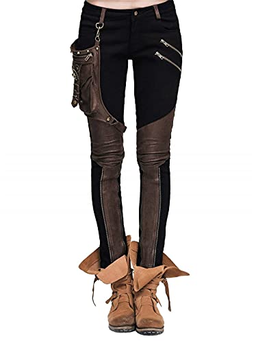 Devil Fashion Steampunk Damen Hose Mit Eins Leder Tasche Gothic Bleistift Hosen Weinlese Stitching Leggings (2XL, Schwarz und braun) von Devil Fashihon