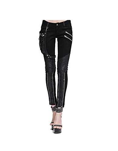 Devil Fashion Steampunk Damen Hose Mit Eins Leder Tasche Gothic Bleistift Hosen Weinlese Stitching Leggings (XL, Schwarz) von Devil Fashihon