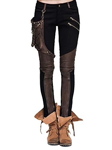 Devil Fashion Steampunk Damen Hose Mit Eins Leder Tasche Gothic Bleistift Hosen Weinlese Stitching Leggings (XL, Schwarz und braun) von Devil Fashihon