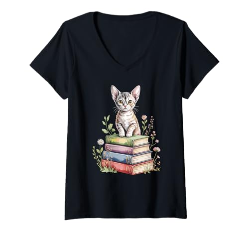 Damen Devon Rex Bookworm Flowers Book Reading Books Pixie Cats T-Shirt mit V-Ausschnitt Damen Devon Rex Bookworm Flowers Book Reading Books Pixie Cats T-Shirt mit V-Ausschnitt von Devon Rex Cat Lover Gifts