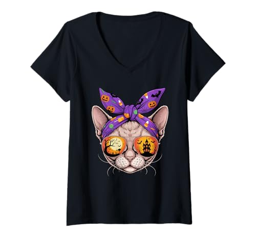 Damen Halloween Bandana Devon Rex T-Shirt mit V-Ausschnitt Damen Halloween Bandana Devon Rex T-Shirt mit V-Ausschnitt von Devon Rex Cat Lover Gifts
