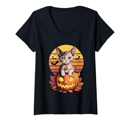 Damen Halloween Retro Devon Rex T-Shirt mit V-Ausschnitt Damen Halloween Retro Devon Rex T-Shirt mit V-Ausschnitt von Devon Rex Cat Lover Gifts