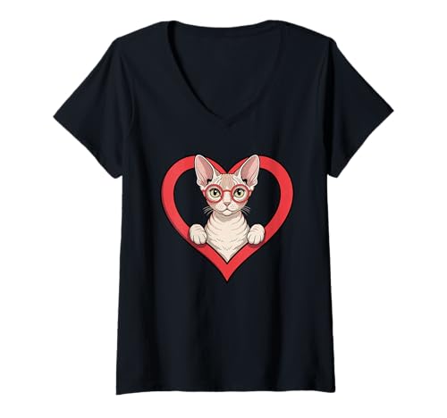 Damen Herz Devon Rex Brille T-Shirt mit V-Ausschnitt Damen Herz Devon Rex Brille T-Shirt mit V-Ausschnitt von Devon Rex Cat Lover Gifts