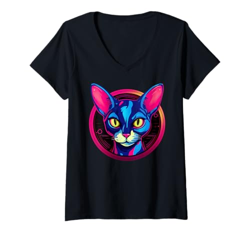 Damen Bunte Devon Rex Space Astronaut Pixie Cat T-Shirt mit V-Ausschnitt Damen Bunte Devon Rex Space Astronaut Pixie Cat T-Shirt mit V-Ausschnitt von Devon Rex Gifts