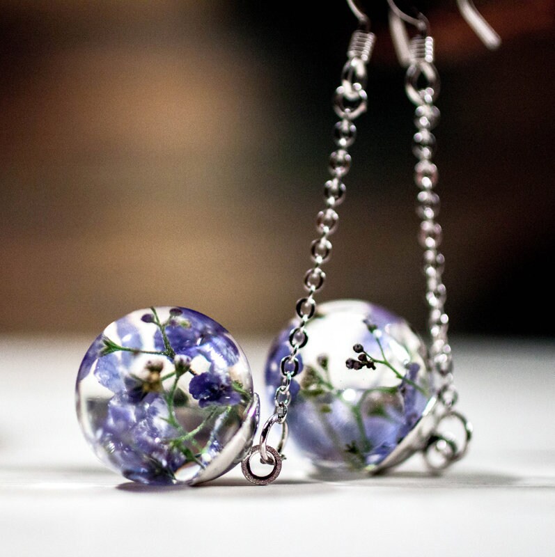 Forget Me Not Long Resin Earrings, Blue Flower Jewelry, Botanical Floral Pressed Real Flowers Terrarium Gift For Her von DevonaSunJewelry