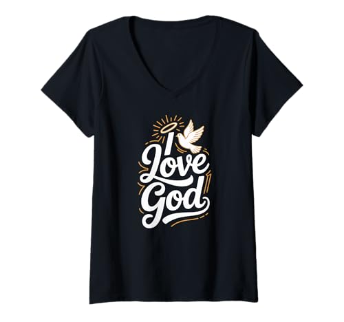 Damen Ich Liebe Gott Dove Halo Spiritueller Glaube T-Shirt mit V-Ausschnitt Damen Ich Liebe Gott Dove Halo Spiritueller Glaube T-Shirt mit V-Ausschnitt von Devout Spirituality Faith Peace Expressions