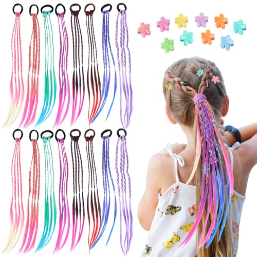 16 Stück Bunte Haarsträhnen Kinder, Buntes Geflochtenes Haar mit Elastischem Seilband, 10 Mini-Clips, Farbverlauf Mädchen Haarteil Band Haarschmuck für Party Festival Haare Deko (45 cm) von Dewdropdale