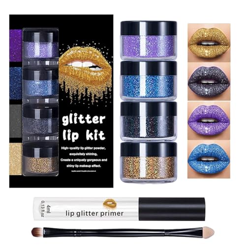 Dewireaey Glitzer Lippen Set - Glitzer-Lippen Make-Up Mit Primer & Pinsel | Glänzender Lippenstift Für Frauen Party Hochzeit Familientreffen Feiertag Halloween Weihnachten von Dewireaey