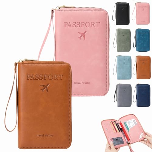 Dewppxi Multifunktionale RFID Reisepass Tasche, Reisepasshülle mit RFID Blocker, Reisezubehör Passport Tasche, Travel Wallet Organizer – Sicherer Ausweishalter mit Diebstahlschutz (Braun+Pink) von Dewppxi
