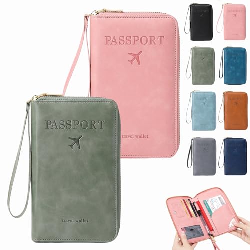 Dewppxi Multifunktionale RFID Reisepass Tasche, Reisepasshülle mit RFID Blocker, Reisezubehör Passport Tasche, Travel Wallet Organizer – Sicherer Ausweishalter mit Diebstahlschutz (Pink+Grün) von Dewppxi