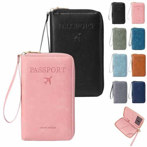 Dewppxi Multifunktionale RFID Reisepass Tasche, Reisepasshülle mit RFID Blocker, Reisezubehör Passport Tasche, Travel Wallet Organizer – Sicherer Ausweishalter mit Diebstahlschutz (Schwarz+Pink) von Dewppxi