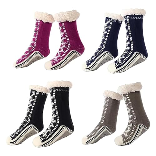 Dewppxi Ultra-thick Cashmere Slipper Home Socks, Winter Warm Non Slip Cozy Fuzzy Slipper Socks, Soft Fluffy Cashmere Christmas Socks for Women and Men (C-4 Pairs) von Dewppxi