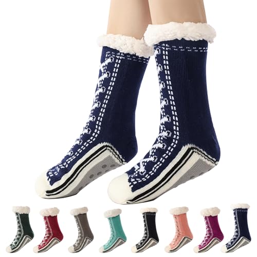 Dewppxi Ultra-thick Cashmere Slipper Home Socks, Winter Warm Non Slip Cozy Fuzzy Slipper Socks, Soft Fluffy Cashmere Christmas Socks for Women and Men (Navy Blue) von Dewppxi