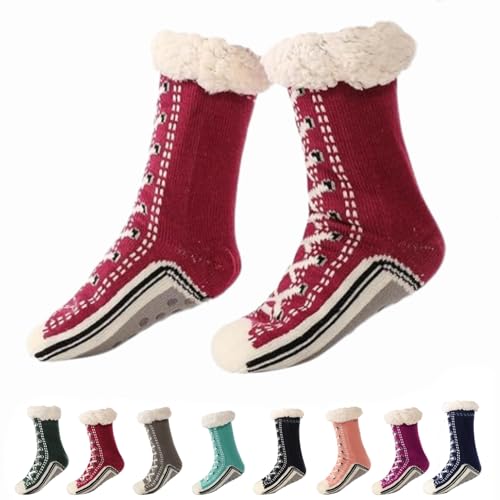 Dewppxi Ultra-thick Cashmere Slipper Home Socks, Winter Warm Non Slip Cozy Fuzzy Slipper Socks, Soft Fluffy Cashmere Christmas Socks for Women and Men (Red) von Dewppxi