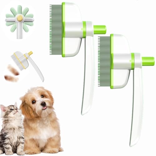 Flohkamm für Katzen Hunde mit Einem Knopf, Läusekamm für Katzen und Hunde, Tierhaarentfernungskamm mit drehbarem Bürstenkopf für Die Haustierpflege zum Entfernen von Unterfell, Losem Fell (2 Grün) von Dewppxi