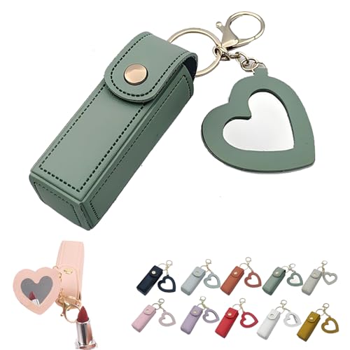 Mini Lippenstiftetui mit Spiegel, Tragbarer Lippenpflegestift-Halter, Mini-Lippenstiftetui mit Schlüsselanhänger und Herz-Makeup-Spiegel-Anhänger für Frauen und Mädchen (A) von Dewppxi