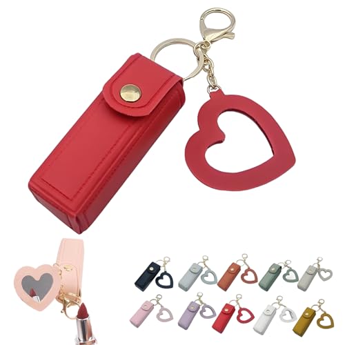 Mini Lippenstiftetui mit Spiegel, Tragbarer Lippenpflegestift-Halter, Mini-Lippenstiftetui mit Schlüsselanhänger und Herz-Makeup-Spiegel-Anhänger für Frauen und Mädchen (C) von Dewppxi