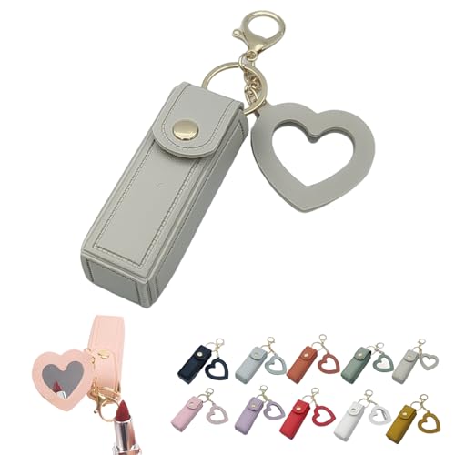 Mini Lippenstiftetui mit Spiegel, Tragbarer Lippenpflegestift-Halter, Mini-Lippenstiftetui mit Schlüsselanhänger und Herz-Makeup-Spiegel-Anhänger für Frauen und Mädchen (D) von Dewppxi