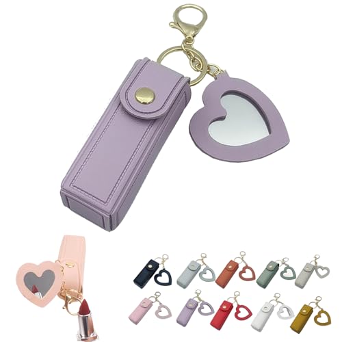 Mini Lippenstiftetui mit Spiegel, Tragbarer Lippenpflegestift-Halter, Mini-Lippenstiftetui mit Schlüsselanhänger und Herz-Makeup-Spiegel-Anhänger für Frauen und Mädchen (E) von Dewppxi