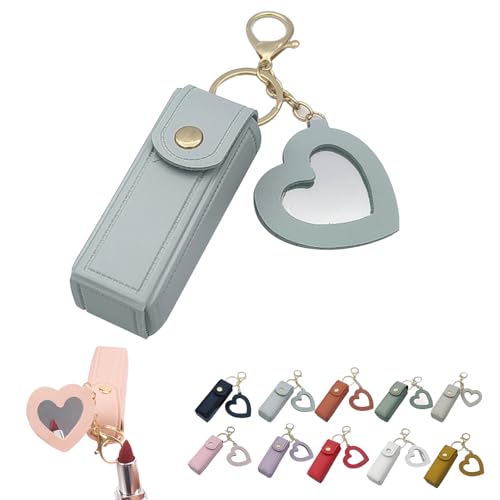 Mini Lippenstiftetui mit Spiegel, Tragbarer Lippenpflegestift-Halter, Mini-Lippenstiftetui mit Schlüsselanhänger und Herz-Makeup-Spiegel-Anhänger für Frauen und Mädchen (F) von Dewppxi