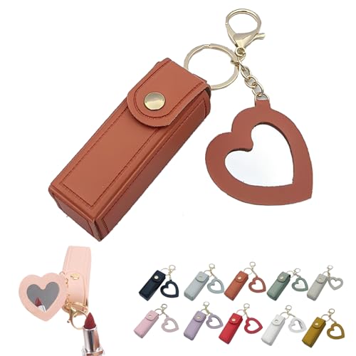 Mini Lippenstiftetui mit Spiegel, Tragbarer Lippenpflegestift-Halter, Mini-Lippenstiftetui mit Schlüsselanhänger und Herz-Makeup-Spiegel-Anhänger für Frauen und Mädchen (G) von Dewppxi
