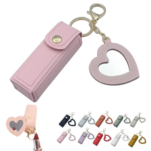 Mini Lippenstiftetui mit Spiegel, Tragbarer Lippenpflegestift-Halter, Mini-Lippenstiftetui mit Schlüsselanhänger und Herz-Makeup-Spiegel-Anhänger für Frauen und Mädchen (H) von Dewppxi