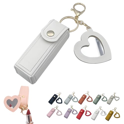 Mini Lippenstiftetui mit Spiegel, Tragbarer Lippenpflegestift-Halter, Mini-Lippenstiftetui mit Schlüsselanhänger und Herz-Makeup-Spiegel-Anhänger für Frauen und Mädchen (I) von Dewppxi