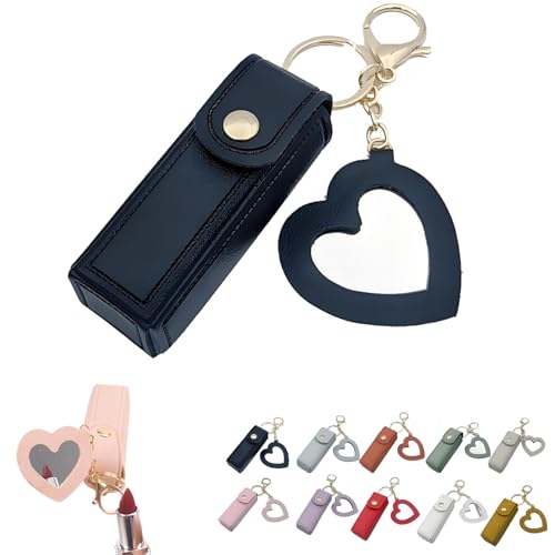 Mini Lippenstiftetui mit Spiegel, Tragbarer Lippenpflegestift-Halter, Mini-Lippenstiftetui mit Schlüsselanhänger und Herz-Makeup-Spiegel-Anhänger für Frauen und Mädchen (J) von Dewppxi