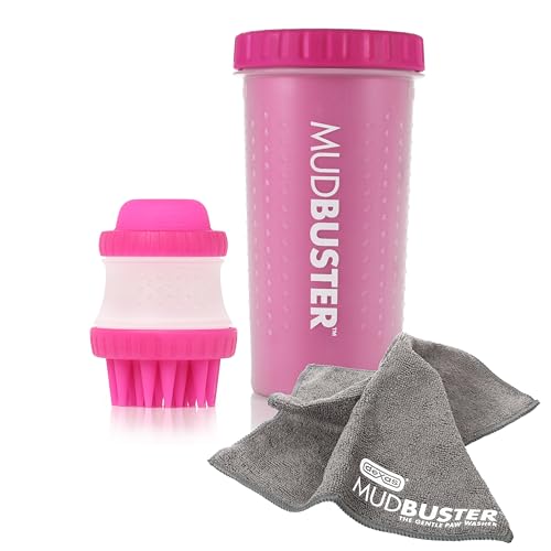 Dexas MudBuster Tragbares Haustier-Reinigungsset mit Hundepfoten-Waschmaschine, Haustier-Badbürste, Mikrofaser-Handtuch, groß, Rosa von Dexas