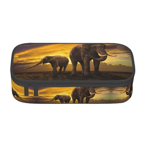 Dexnel Federmäppchen, Stifteetui, einfache Schreibwarentasche mit 4 Fächern, Büro-Organizer, Valentinstags-Herz-Garten-Druck, Sonnenuntergang Eltern-Kind-Elefant, Einheitsgröße, Taschen-Organizer von Dexnel