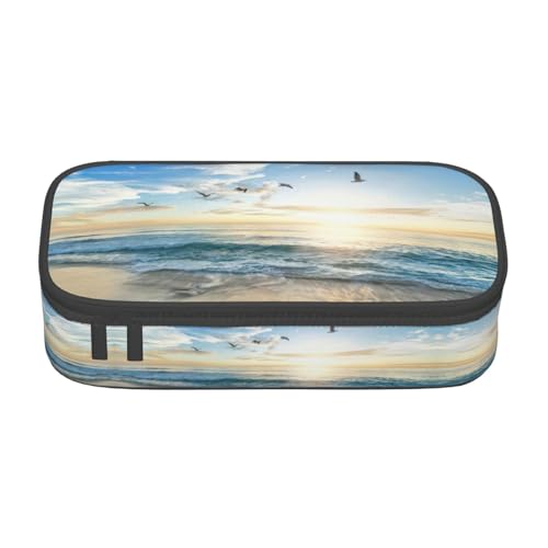 Dexnel Federmäppchen, Stifteetui, einfache Schreibwarentasche mit 4 Fächern, Büro-Organizer, Weinflaschenkorken, Traubendruck, The Beach With Sea Birds, Einheitsgröße, Taschen-Organizer von Dexnel