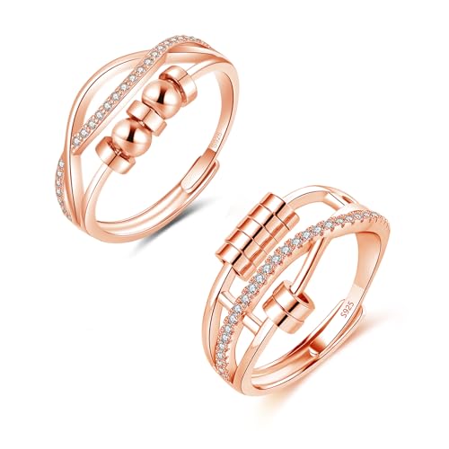 Deyanse 925 Sterling Silber Anxiety Ring, 2 Stück Verstellbar Angst Ringe Set, Hypoallergen Anti Stress Partnerringe, Anti Stress Ring Set mit Perlen Zirkonia, Drehen Dekompressionsringe für Unisex von Deyanse